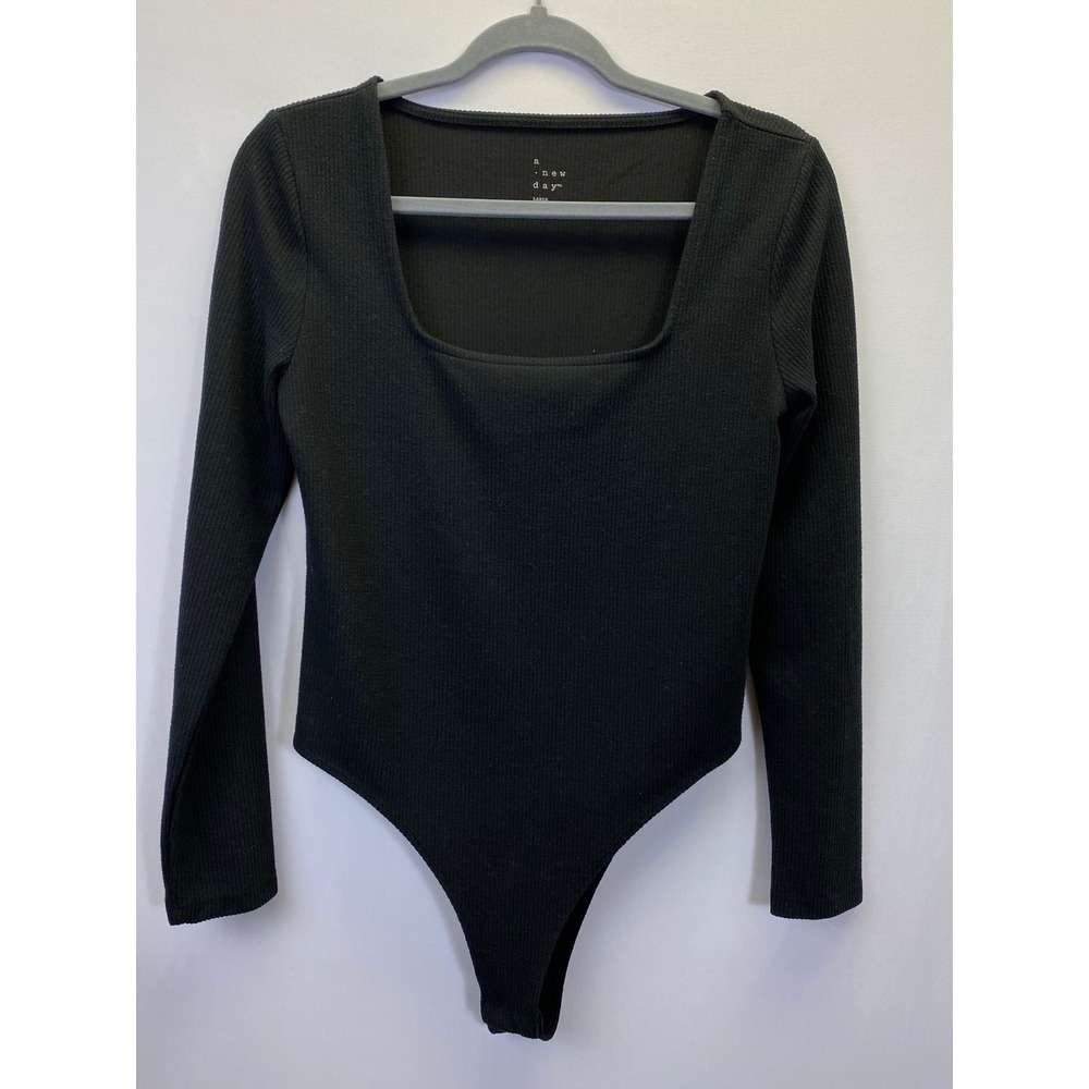A New Day Womens L Black Ribbed Square Neck Bodysuit Minimal Chic‎